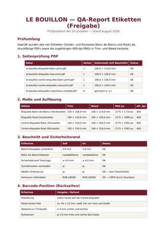 Aperçu de l'étiquette : Rapport QA / bon à tirer (Freigabe)